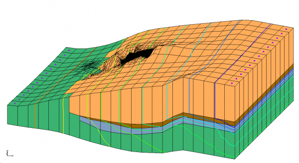 Oblique view of model with discontinuous layers